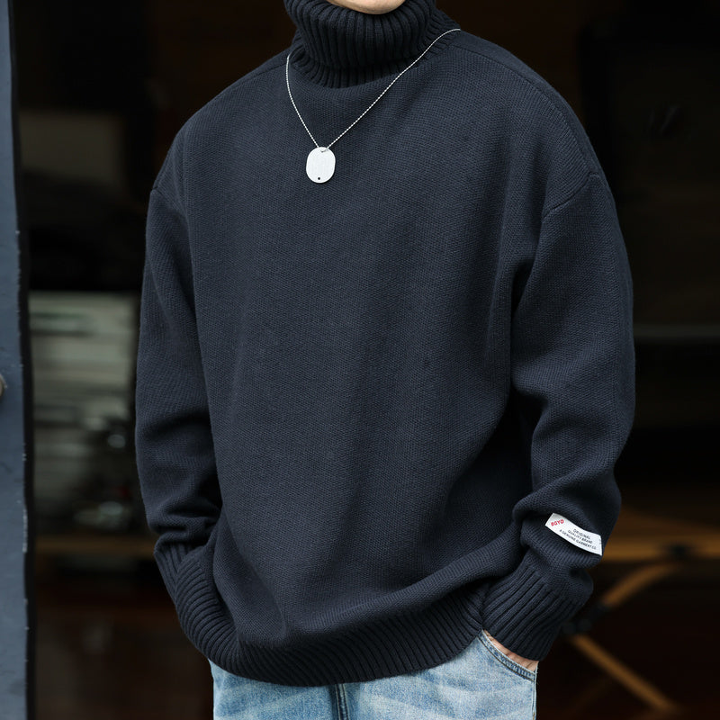 秋冬美式可翻高領針織毛衣男復古寬鬆粗針線內搭打底上衣-Retro's Wear