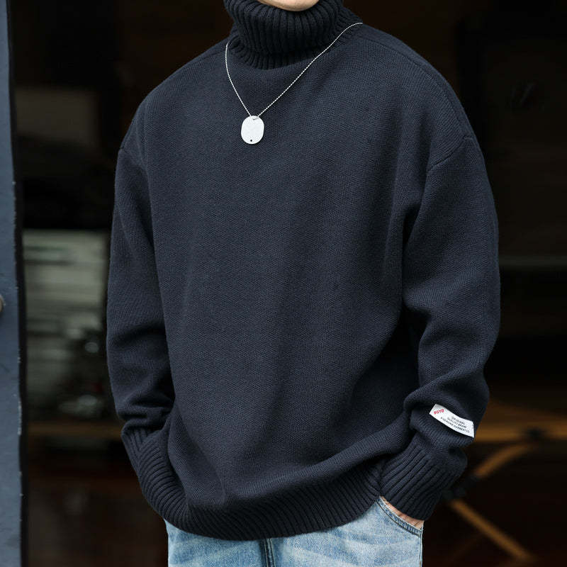 秋冬美式可翻高領針織毛衣男復古寬鬆粗針線內搭打底上衣-Retro's Wear