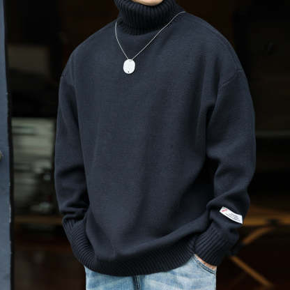 秋冬美式可翻高領針織毛衣男復古寬鬆粗針線內搭打底上衣-Retro's Wear