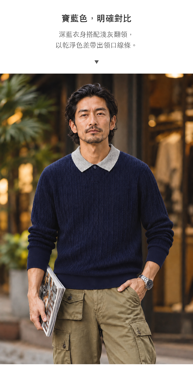 撞色翻領細紋單扣針織長袖上衣 · 10-S07