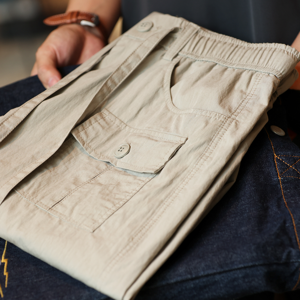 美式休閒冰絲速幹直筒褲子男口袋設計戶外薄款工裝褲夏