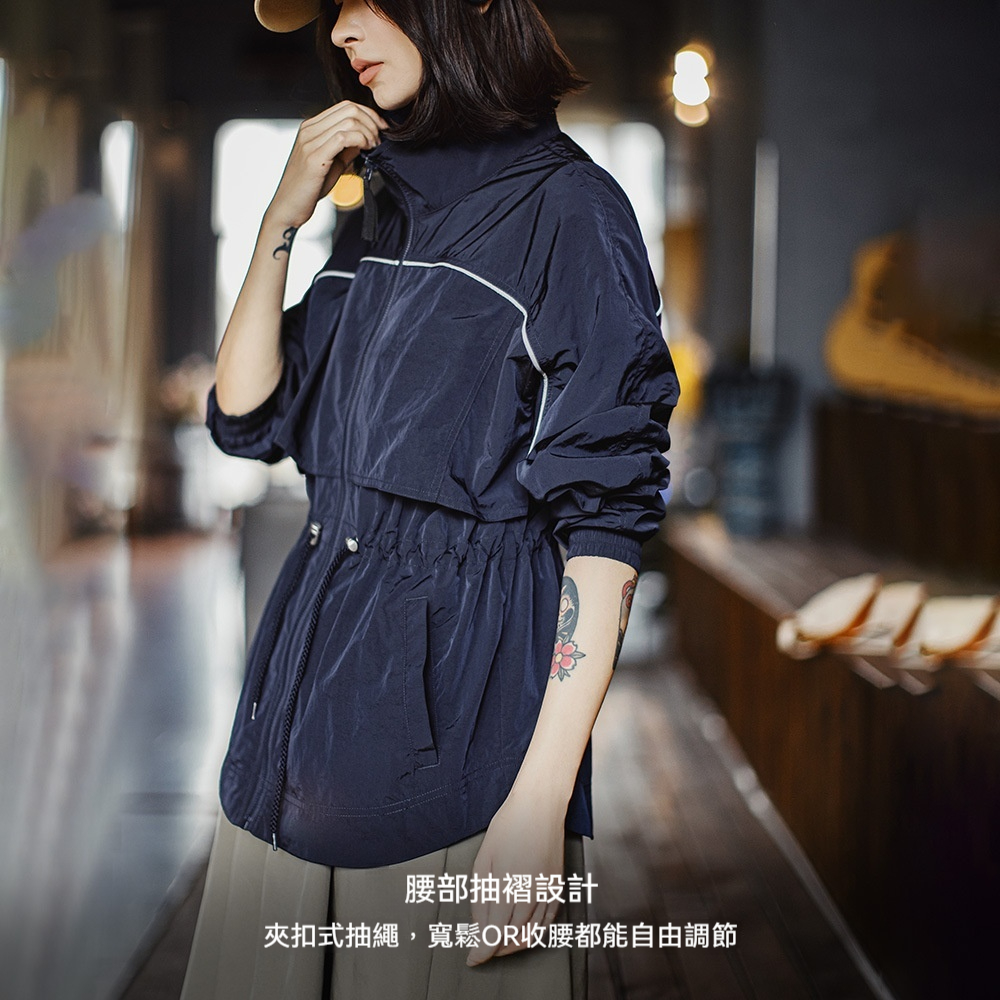 美式立翻領寬鬆輕薄短款收腰派克工裝風衣夾克外套女上衣士夏