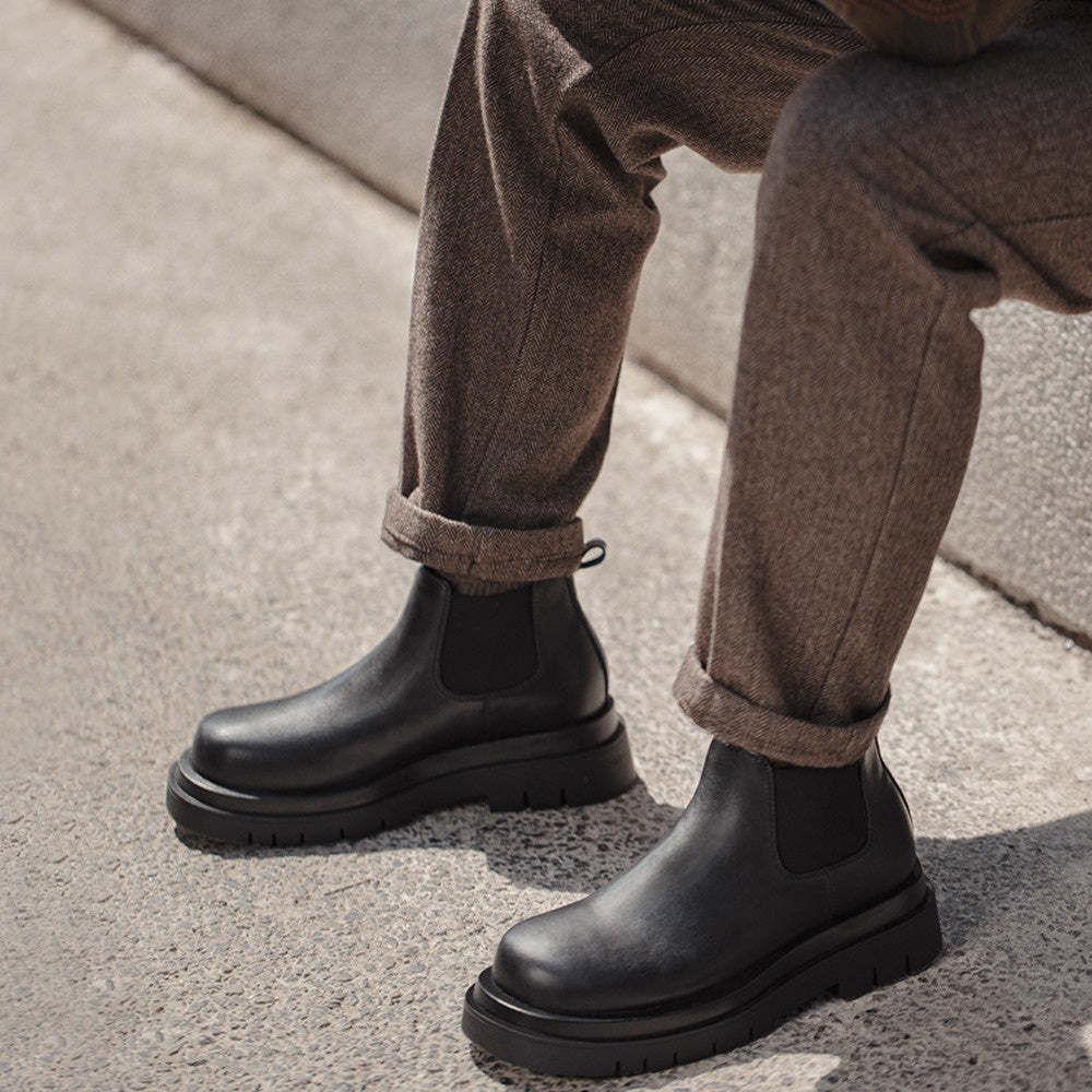 切爾西靴男款夏季一脚蹬厚底休閒黑色真皮短靴子方頭馬丁靴-Retro's Wear