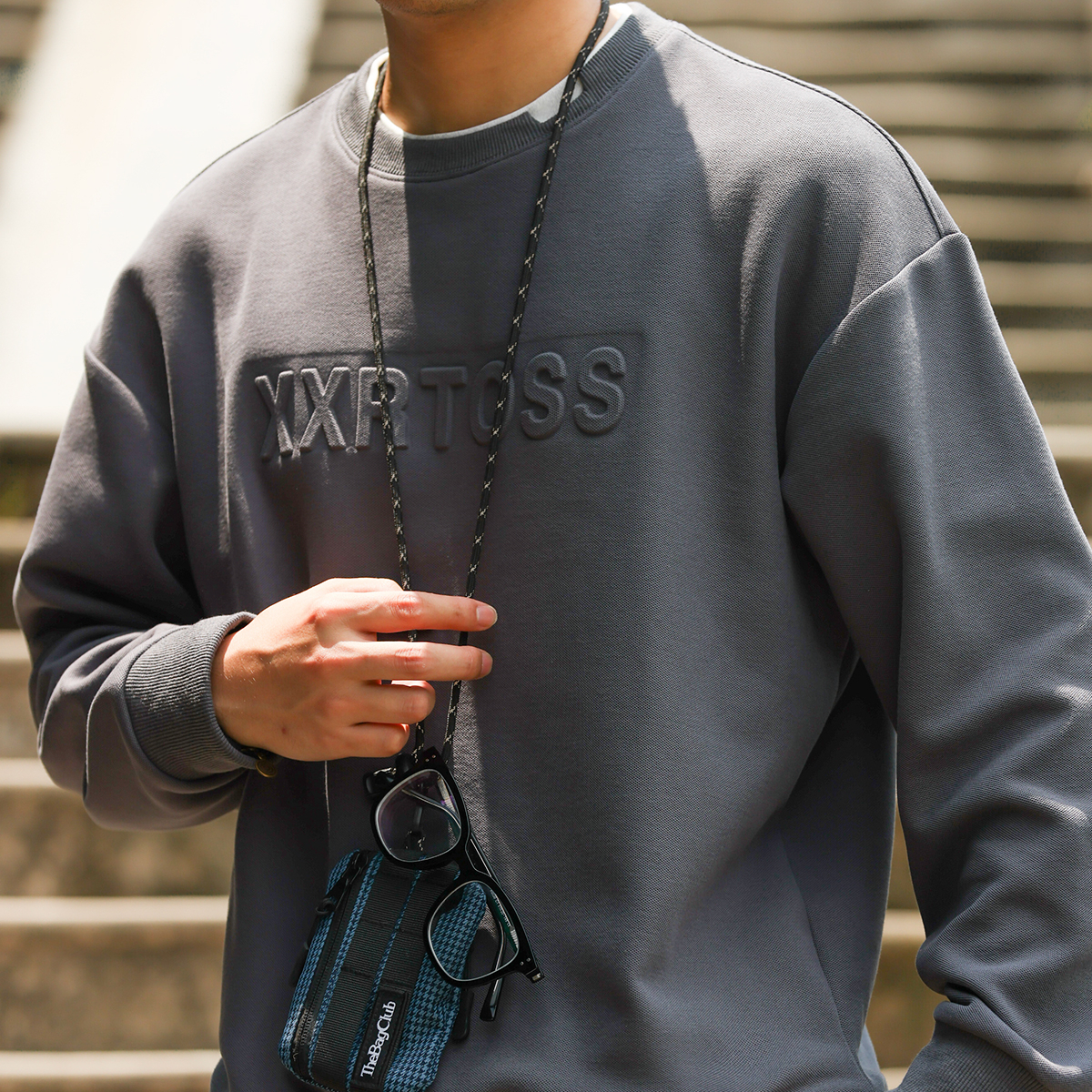 美式復古320g假兩件圓領衛衣男3D立體鋼印套頭無帽上衣