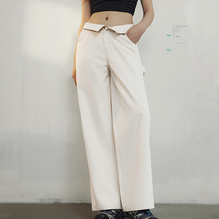 棉籽殼白色伐木工直筒褲純棉百搭休閒褲美式復古工裝褲夏季女-Retro's Wear