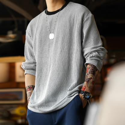 美式復古豎坑條肌理長袖T恤男撞色圓領慵懶感休閒上衣秋