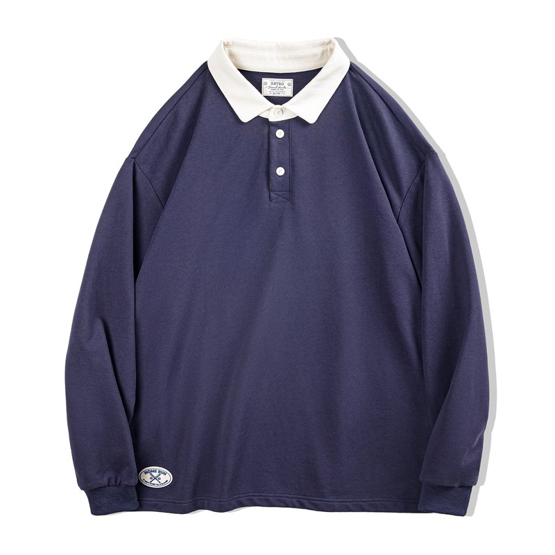 美式復古針織撞色polo衛衣學院風寬鬆翻領長袖T恤男春秋-Retro's Wear