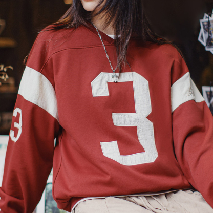 美式復古棒球V領無帽字母撞紅色拼接套頭長袖休閒衛衣女士秋