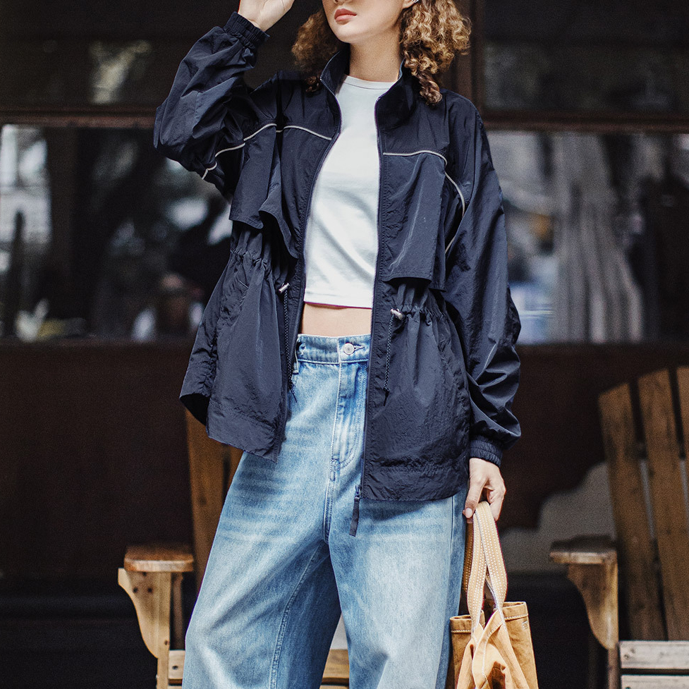 美式立翻領寬鬆輕薄短款收腰派克工裝風衣夾克外套女上衣士夏