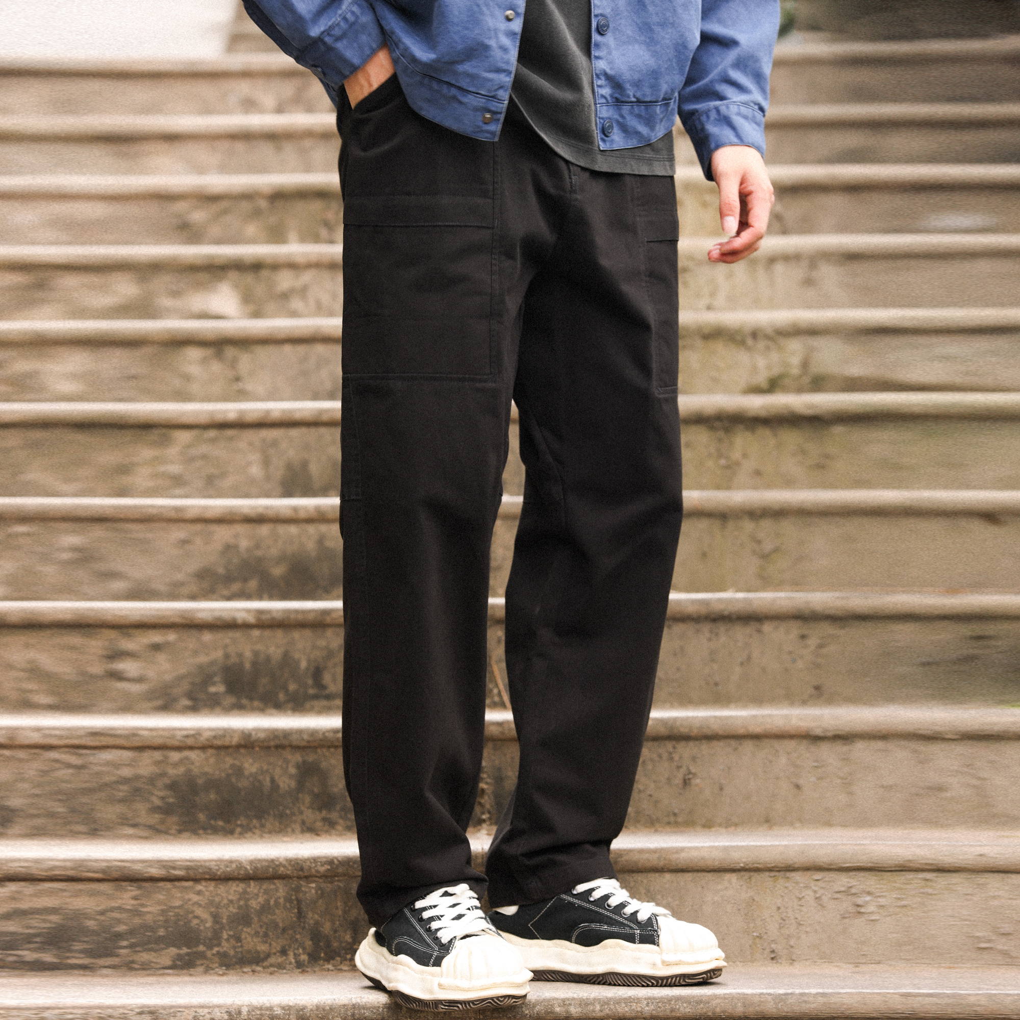 美式復古白色休閒褲男精梳棉半鬆緊腰直筒休閒工裝長褲