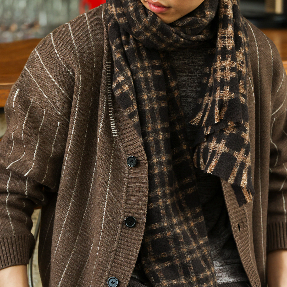 美式復古學院風條紋開衫毛衣男休閒慵懶風V領針織外套