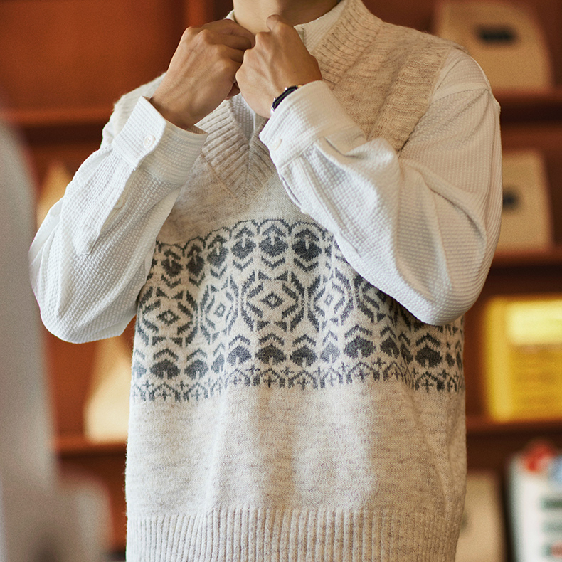 費爾島提花羊毛混紡毛衣背心男2025秋冬新款民族風加厚V領針織衫