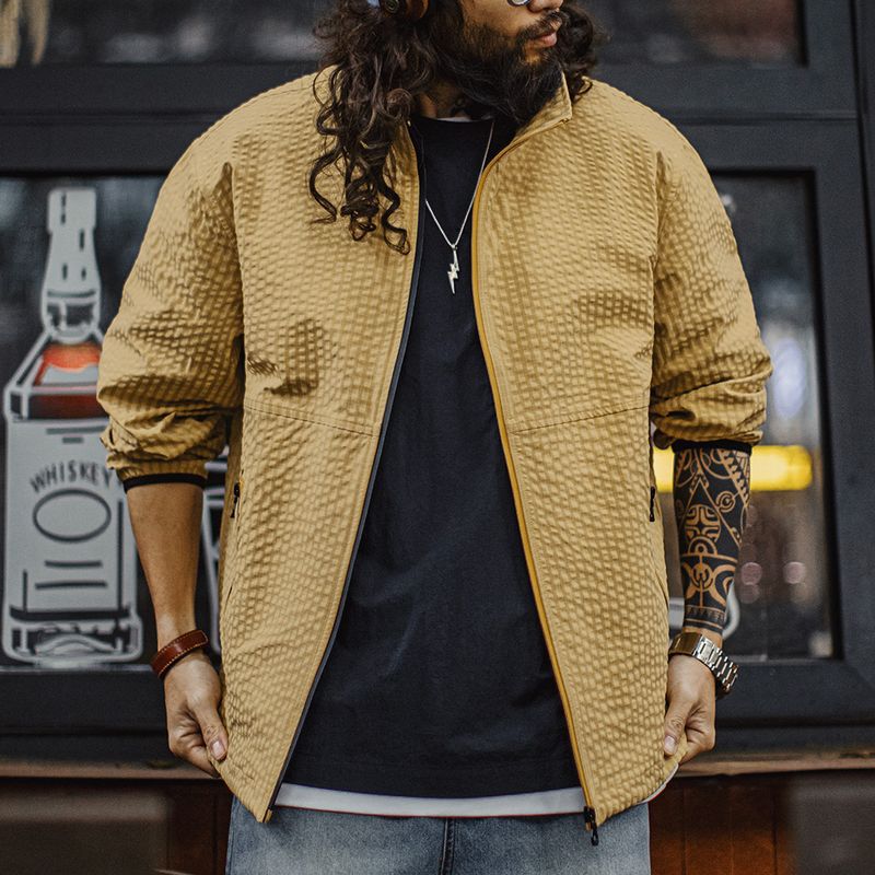 美式休閒戶外山系夾克肌理感透氣防風立領薑黃外套男春夏