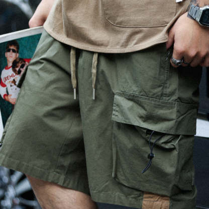 美式復古山地工裝短褲男寬鬆運動薄款純棉抽繩休閒五分褲-Retro's Wear