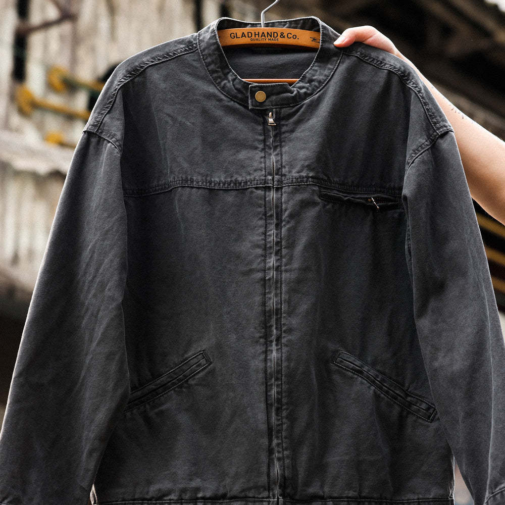 美式vintage立領底特律夾克男微寬帆布做舊戶外硬漢工裝外套-Retro's Wear