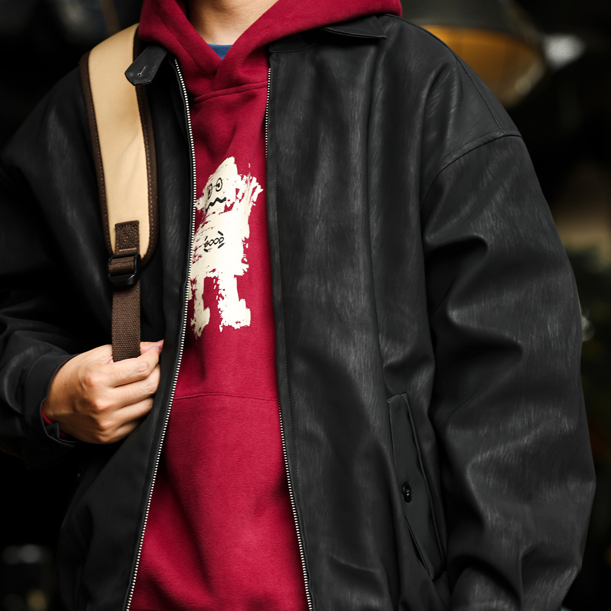 美式復古哈靈頓皮衣夾克男PU樹皮紋痞帥外搭翻領外套