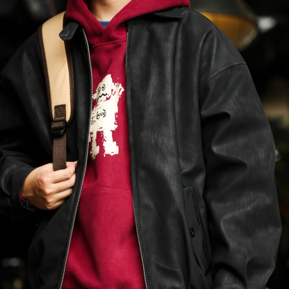 美式復古哈靈頓皮衣夾克男PU樹皮紋痞帥外搭翻領外套