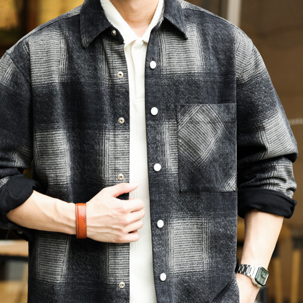 日系復古奇卡諾長袖仿毛呢襯衫男暈染撞色格紋磨毛寸衫外套-Retro's Wear