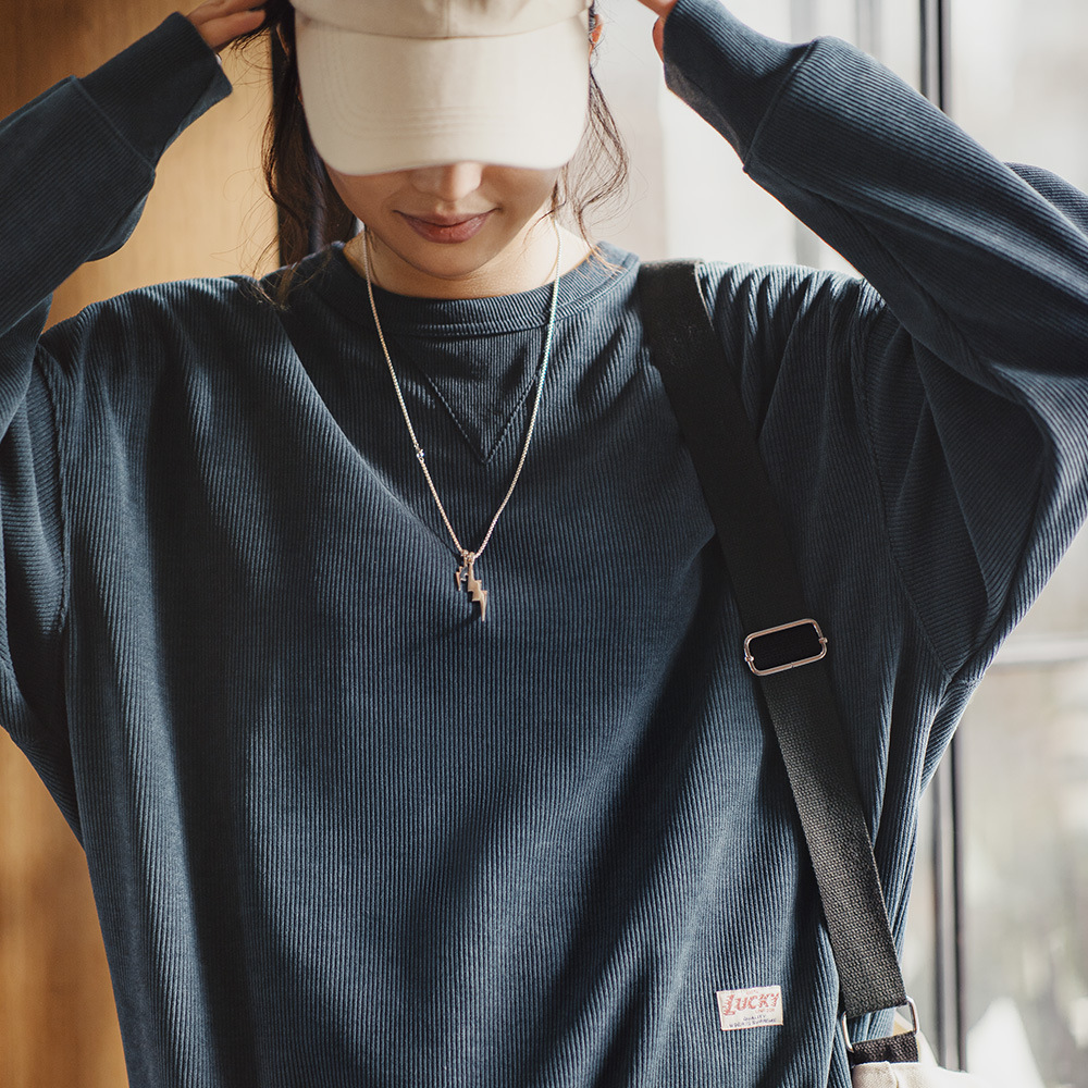 美式復古雪尼爾衛衣女秋套頭長袖打底T恤插肩袖圓領上衣-Retro's Wear