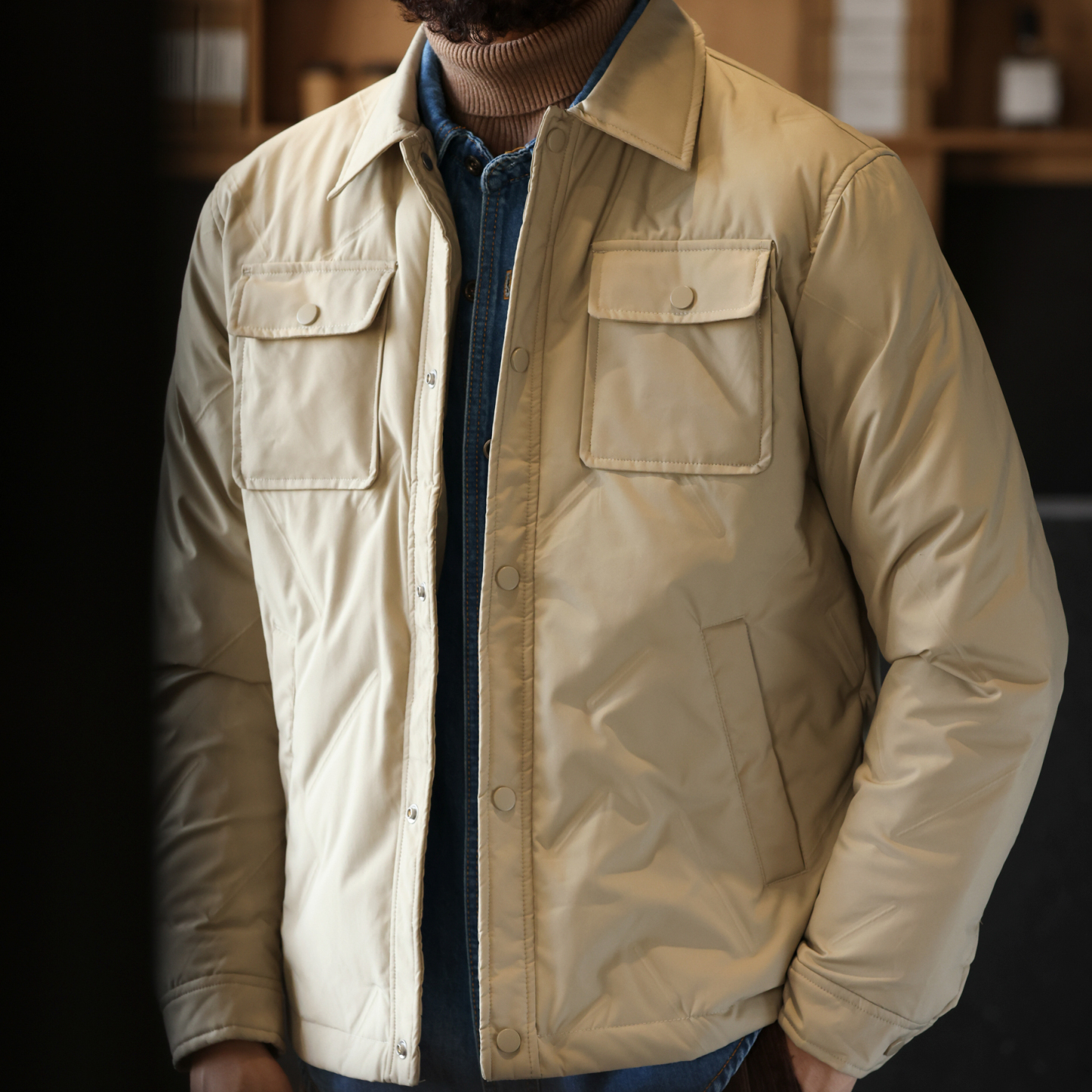 美式休閒輕薄款襯衫領羽絨服男90白鴨絨保暖工裝夾克外套