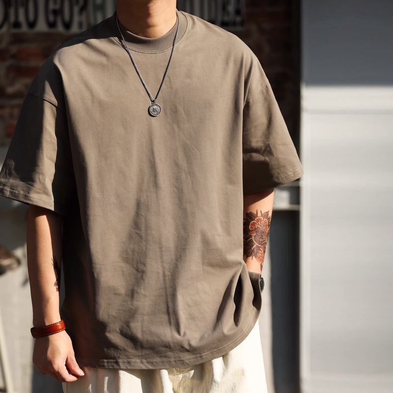 美式230g輕絨感小領口短袖T恤男寬鬆休閒抗皺大碼體恤夏