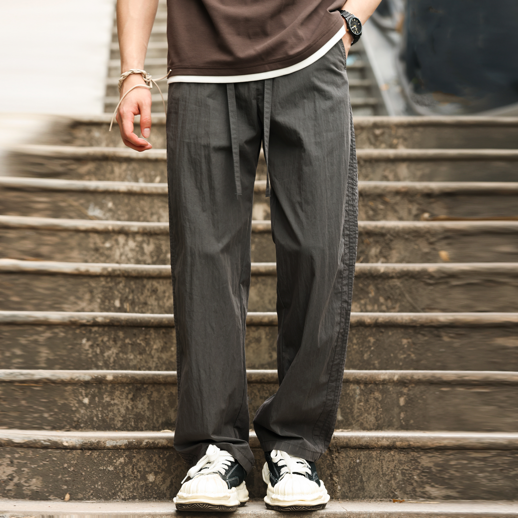 夏季120g輕量感透氣速幹休閒褲男凉感抽繩直筒垂感長褲