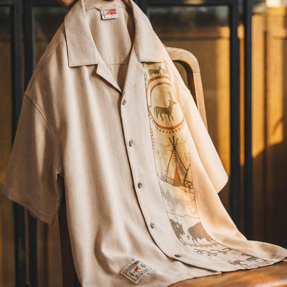 美式復古印花古巴領襯衫印第安薄款短袖棉襯衣外套男士夏