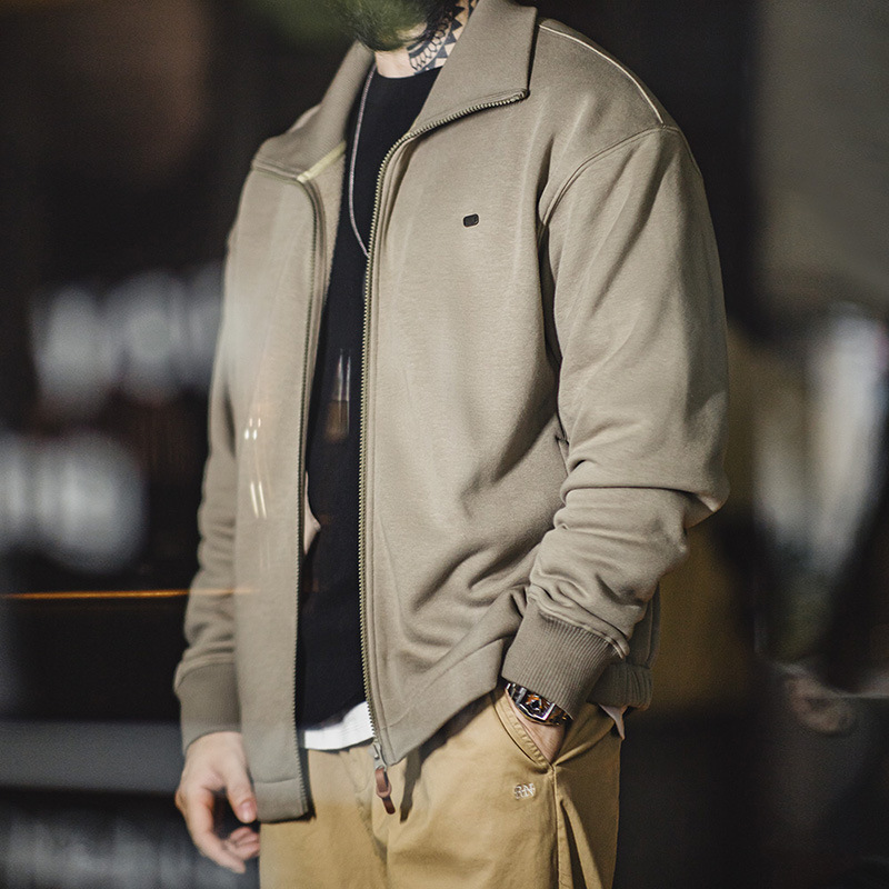 美式休閒運動風開衫衛衣高領保暖立領抓絨夾克外套男秋-Retro's Wear