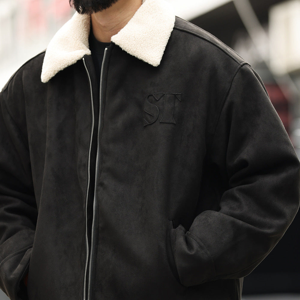 美式復古vintage麂皮絨外套男寬鬆刺繡加厚夾棉毛領夾克棉服-Retro's Wear