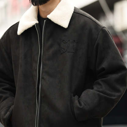 美式復古vintage麂皮絨外套男寬鬆刺繡加厚夾棉毛領夾克棉服-Retro's Wear