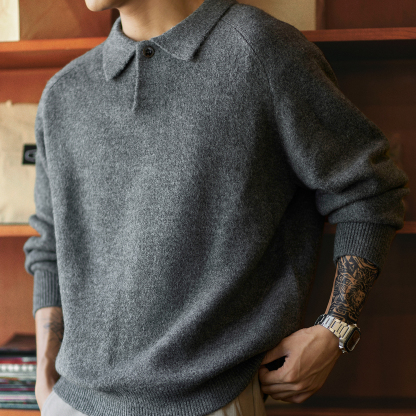 550g重磅翻領插肩袖毛衣男2025秋冬新款日常通勤保暖打底針織衫
