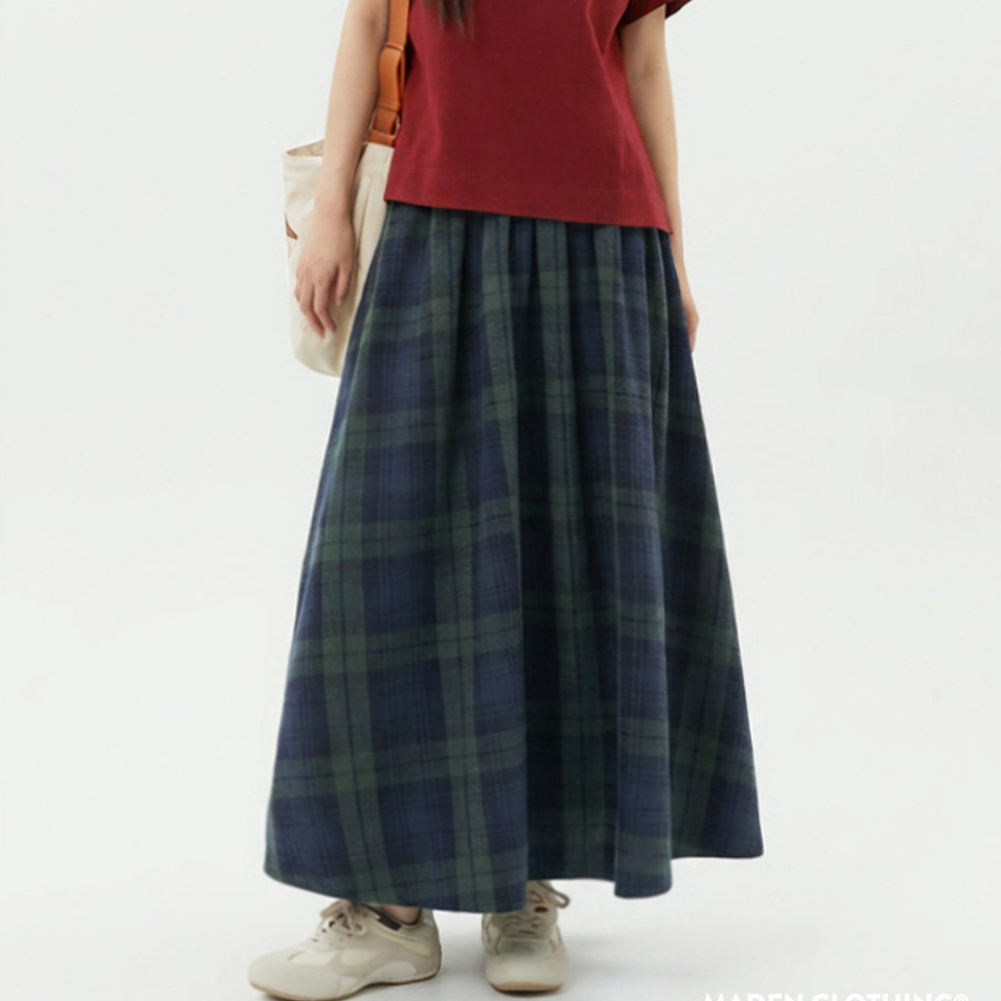復古泡泡紗格紋半身長裙全純棉鬆緊腰肌理感A字傘裙子女士春