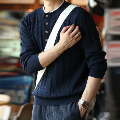 美式休閒假兩件亨利領毛衣男12針麻花紋理羊毛混紡針織衫