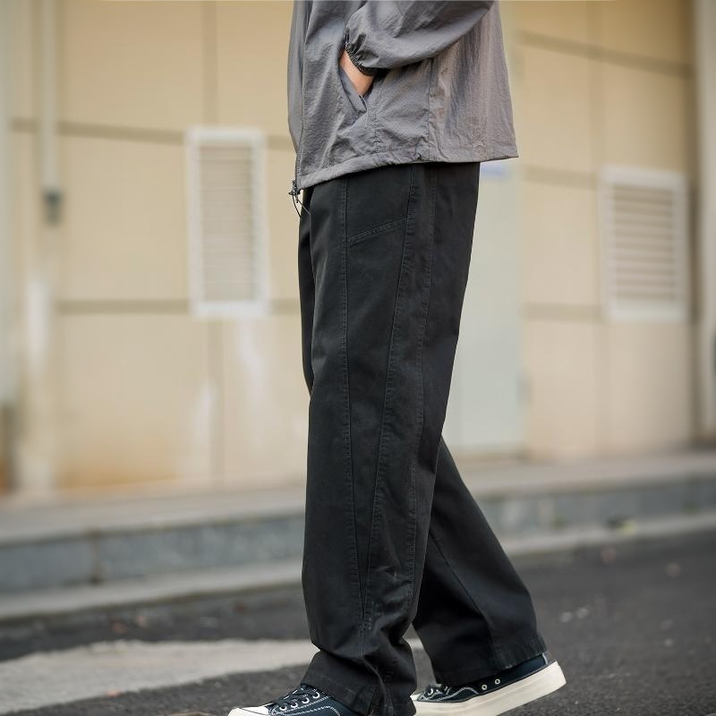 日系重磅純棉水洗直筒休閒褲男330g拼接設計感寬鬆長褲