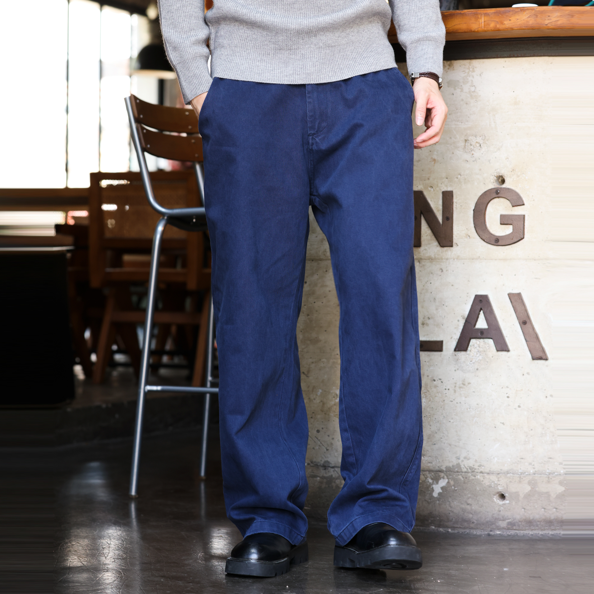 法工藍復古工裝休閒褲男重工水洗Vintage直筒加絨長褲子