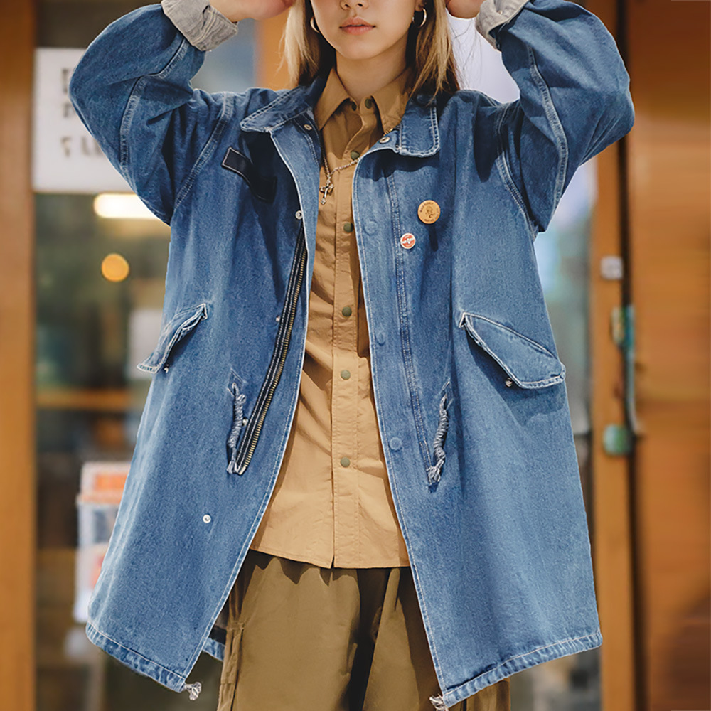 美式復古M65丹寧牛仔外套寬鬆魚尾風衣女外套中長款春秋-Retro's Wear