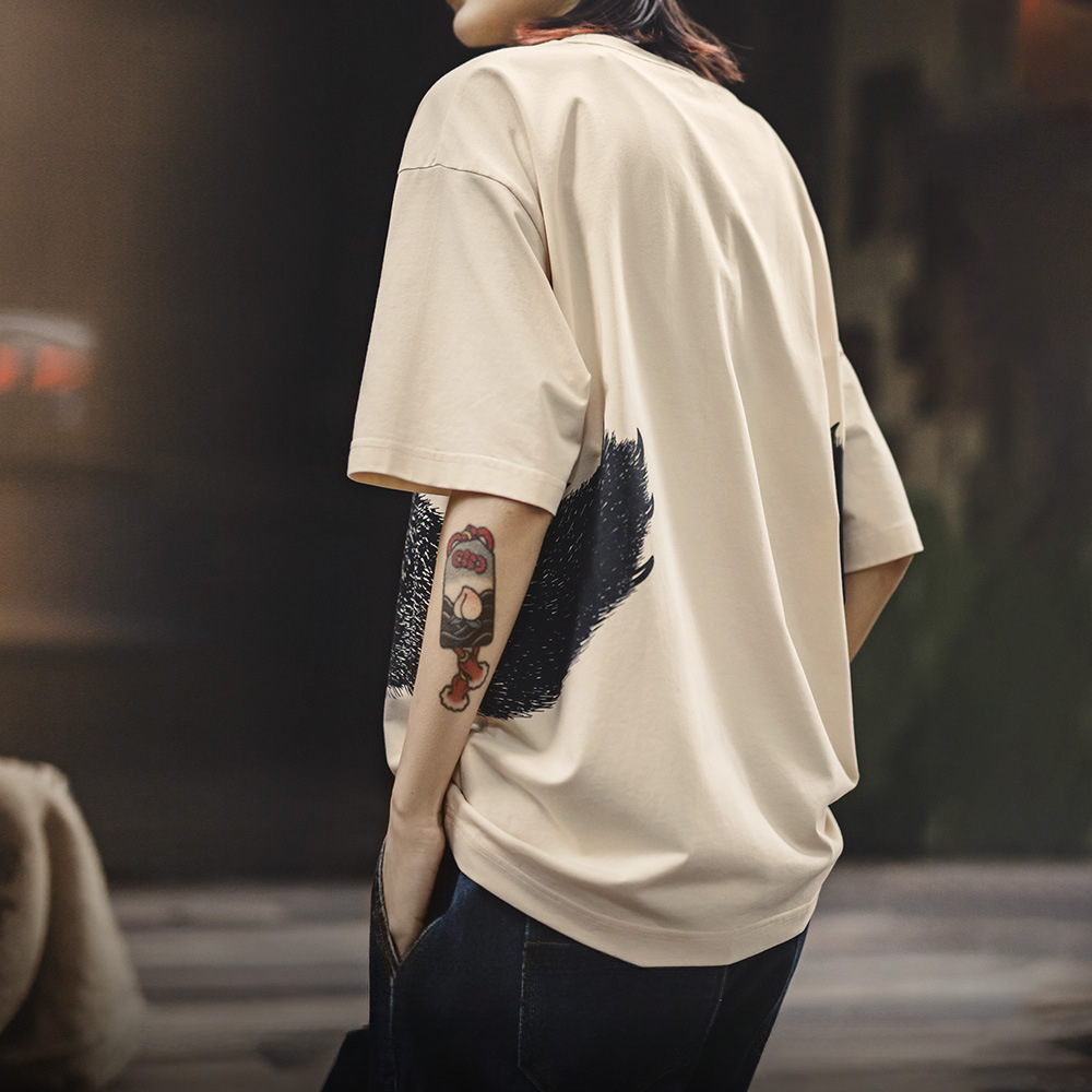 oversize慵懶小熊插畫圓領T恤日系小眾設計顯瘦落肩短袖夏女