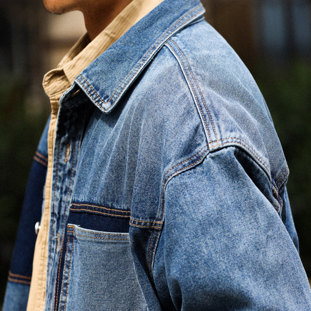 美式復古重磅牛仔襯衫男寬鬆撞色口袋設計高級感長袖夾克外套-Retro's Wear