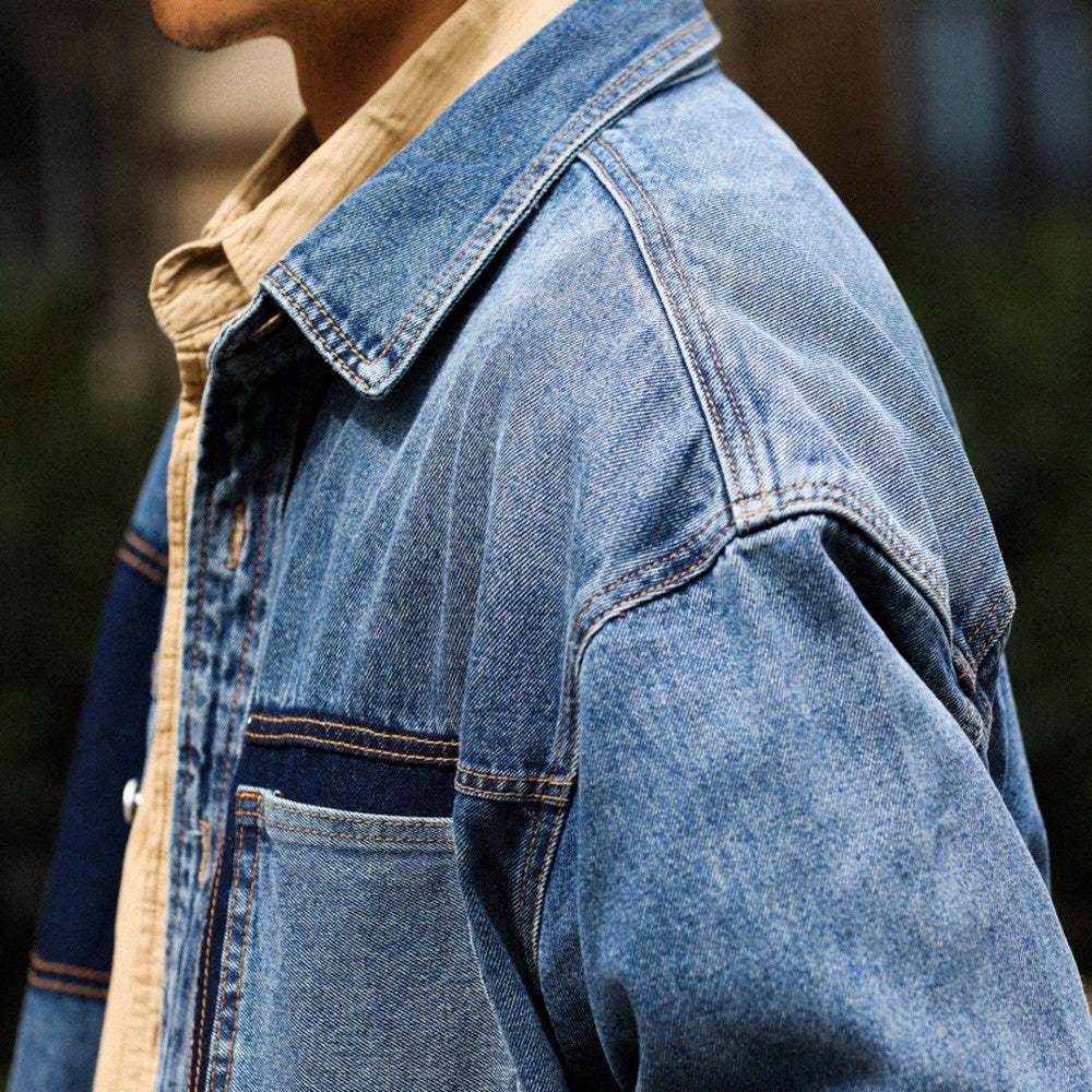 美式復古重磅牛仔襯衫男寬鬆撞色口袋設計高級感長袖夾克外套-Retro's Wear