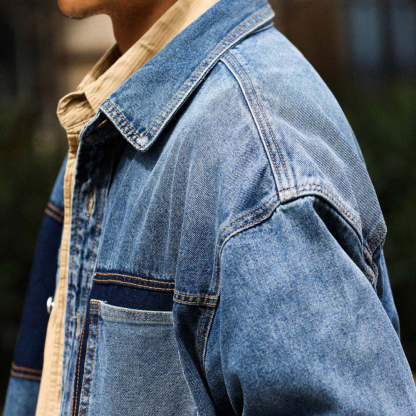 美式復古重磅牛仔襯衫男寬鬆撞色口袋設計高級感長袖夾克外套-Retro's Wear