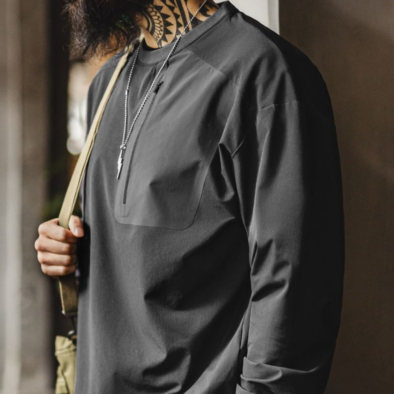 美式復古戶外機能風運動長袖圓領梭織落肩袖寬鬆衛衣男春