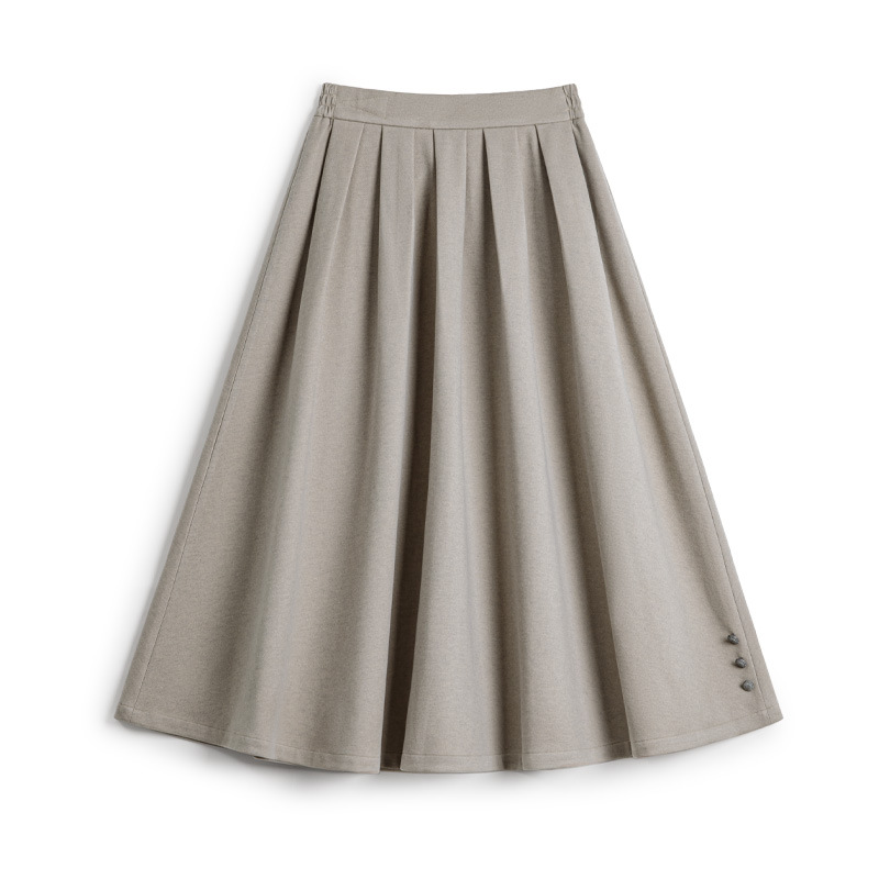 灰色毛呢大擺半身長裙針織鬆緊腰垂墜感百褶A字傘裙秋冬女士