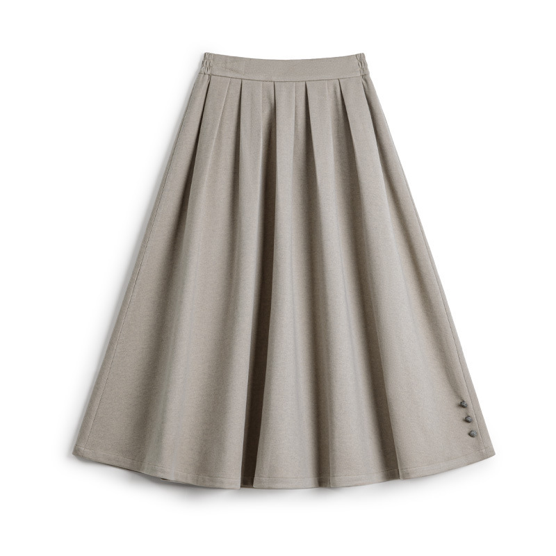 灰色毛呢大擺半身長裙針織鬆緊腰垂墜感百褶A字傘裙秋冬女士