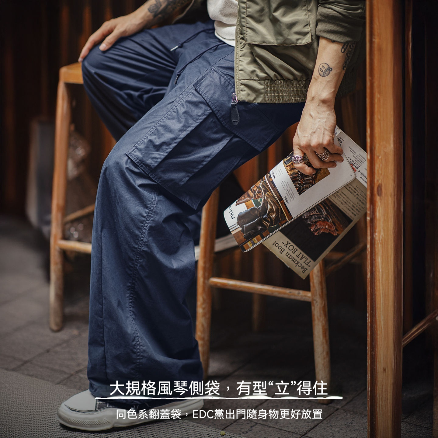 美式m65大口袋休閒褲日系cityboy藍色梭織束脚長褲子男秋