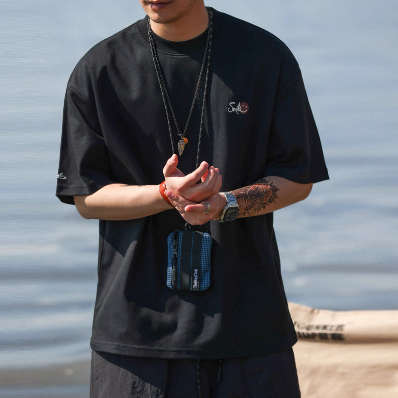 美式休閒230g斜紋雙面棉短袖T恤男笑臉刺繡圓領打底衫