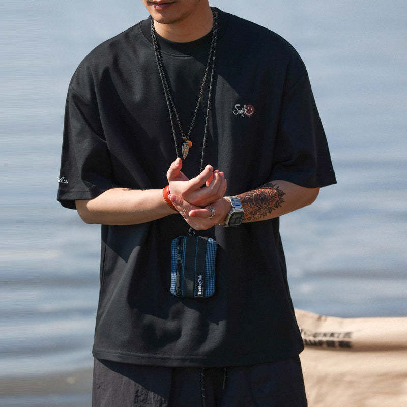 美式休閒230g斜紋雙面棉短袖T恤男笑臉刺繡圓領打底衫