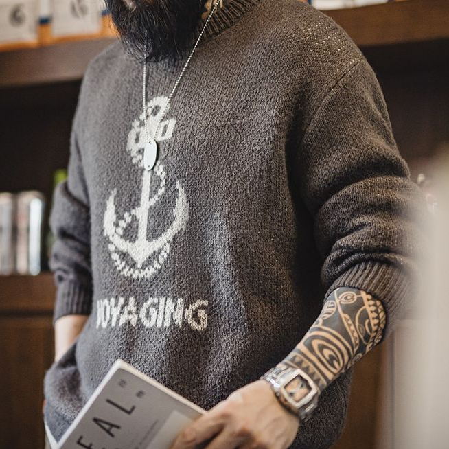 美式復古針織船錨提花毛衣vintage套頭圓領打底衫男秋冬-Retro's Wear