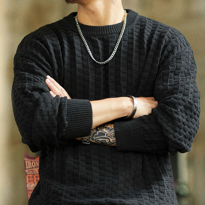 美式復古格子肌理感毛衣男2025冬季新款圓領內搭保暖秋冬針織衫
