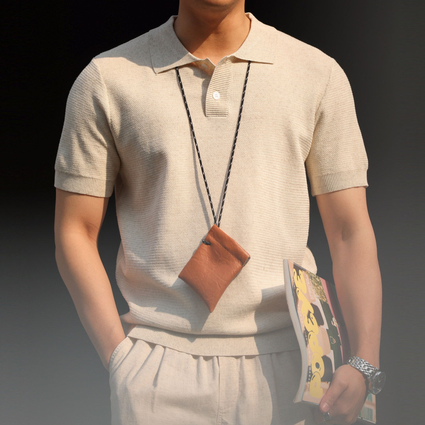 天絲亞麻短袖POLO衫男基礎款透氣休閒萊賽爾針織翻領T恤