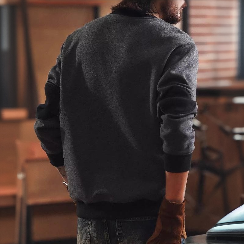 美式復古復古撞色圓領衛衣男2025秋冬加絨寬鬆休閒打底上衣